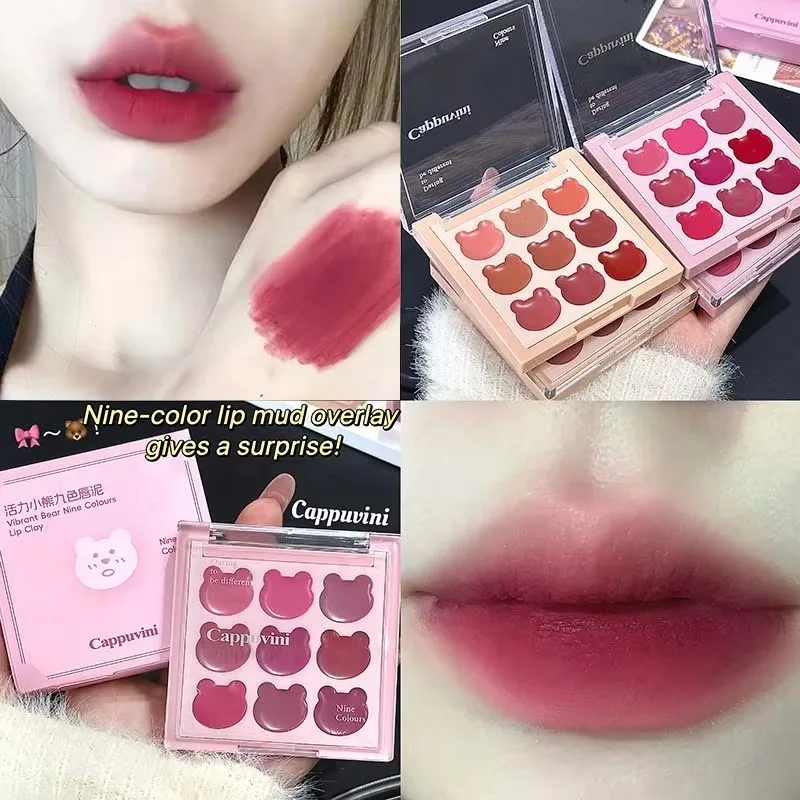9Color Bear Lipstick Palette Lip Mud Matte Sweet Warm Colors Cheeks Blush Non-stick Cup Lip Gloss Facial Beauty Cosmetic Makeup