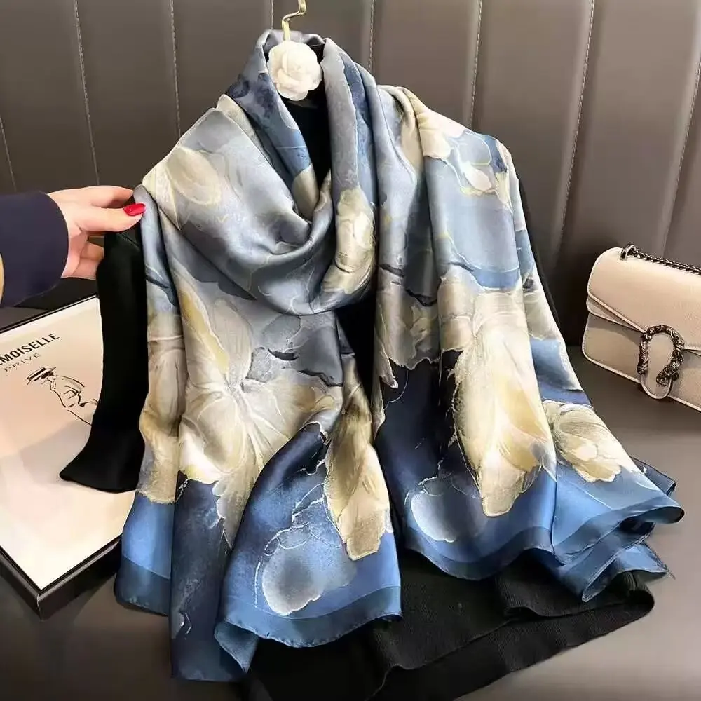 

180*90cm Large Silk Satin Scarf Hijab Women Print Spring New Shawl Wrap Female Hand Foulard Pashmina Travel Echarpe 2025 NEW