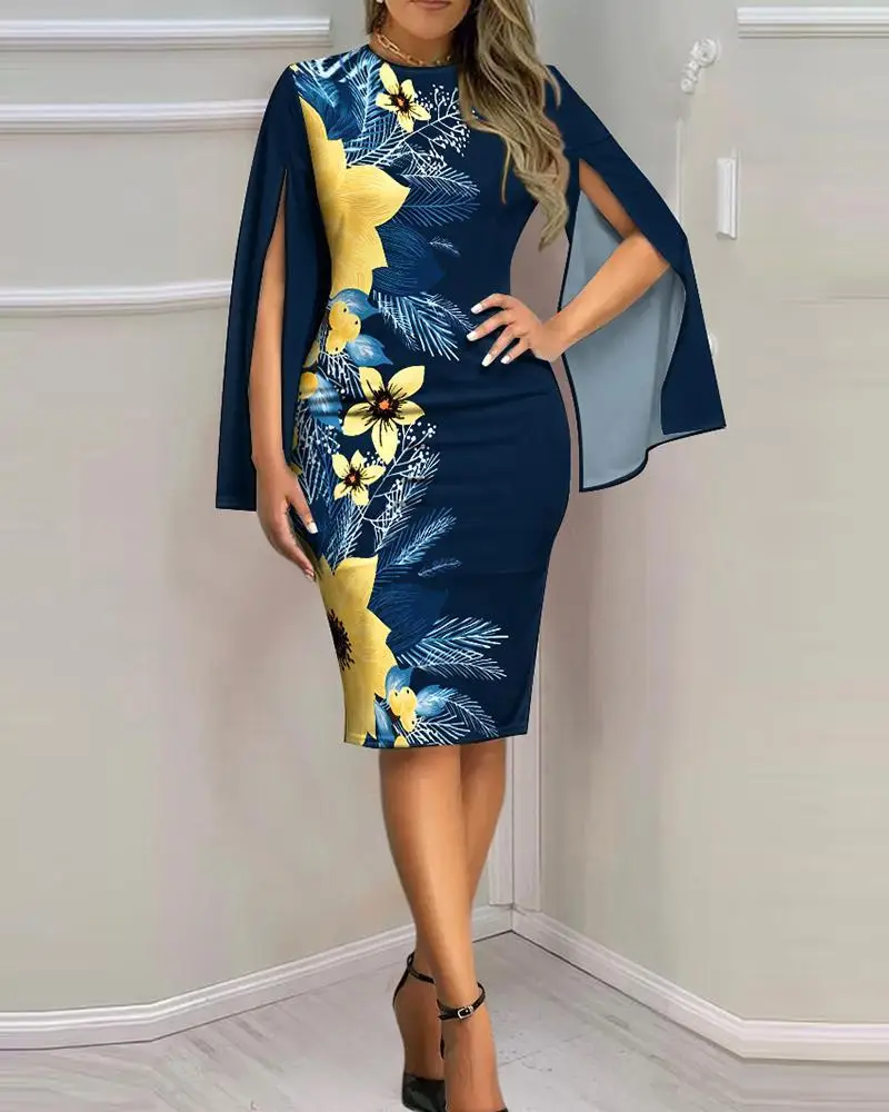 Damen-Midikleid mit Sonnenblumen-Print – Sexy figurbetontes Kleid mit V-Ausschnitt und Cape-Ärmeln für die Sommerparty