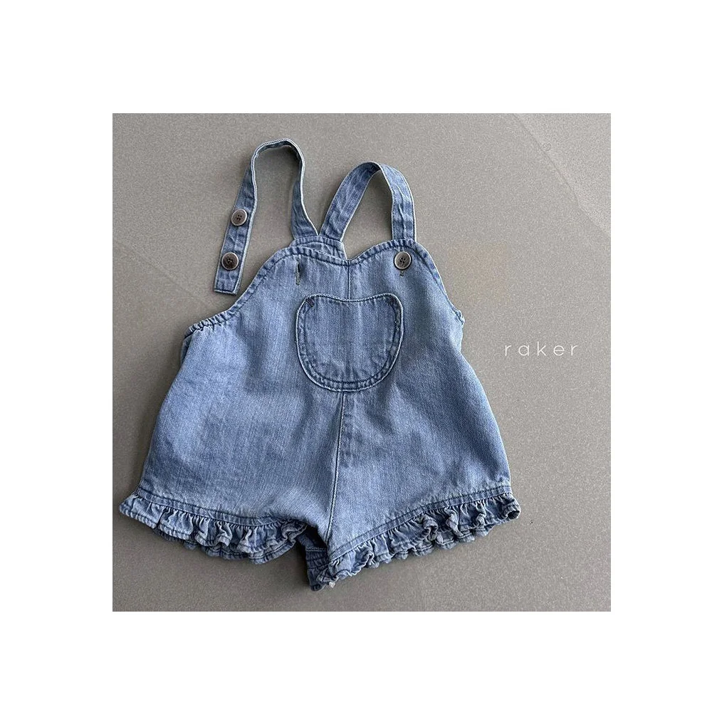 HY2821 Girls Spring Summer New Folded Lace Trim Denim Overalls Shorts Five-Quarter Length Overall Short Pants for Kids view 5