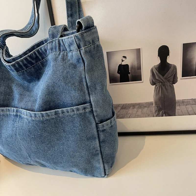 Borse di tela da uomo e da donna multi tasca di grande capacità in denim tinta unita, borsa a tracolla a spalla singola per pendolarismo, college st