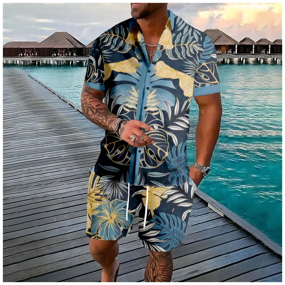 Summer Plants 3D Print Men Shirt Sets Fashion Short Sleeve Shirt Oversized Casual Beach Shorts Streetwear Hawaiian Suits Clothes