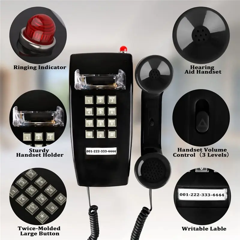 ABGN Classic Wall Phones for Landline with Mechanical Ringing, Single Line 2554 Wall Telephone with Voicemail Indicator,Black