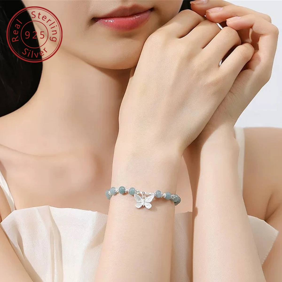 925 silver three-dimensional butterfly natural blue water jadeite broken silver bracelet, Chinese style, unique charm