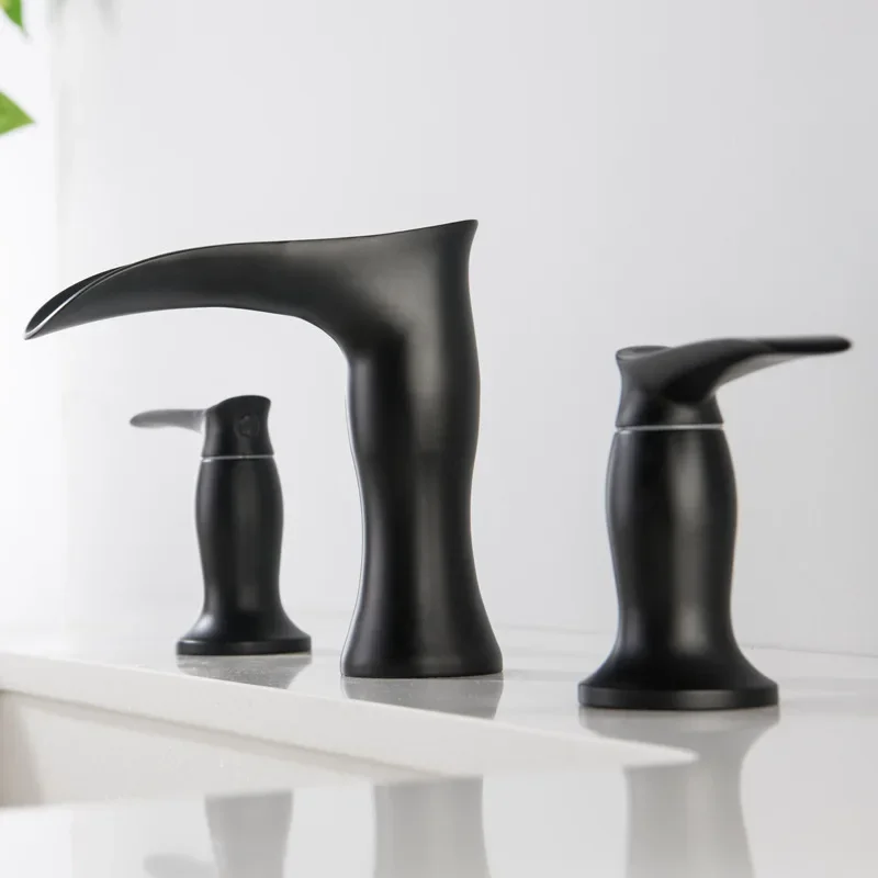 

Black Waterfall Basin Faucet Double Handle Three Holes Bathroom Mixer Taps Crane Widespread Bathroom Deck Mounted Sink Tap