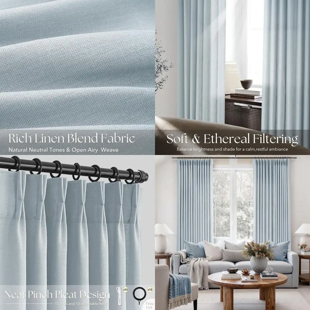 

Elegant Dusty Blue Linen Curtains with Clips, 90 Long, 40x90, Semi-Sheer, Grey Blue Panels for Boys' Bedroom, Neutral Farmhouse