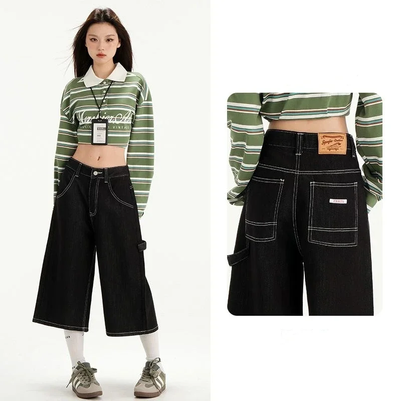 

2025 Summer High-Waist Loose Straight-Leg Black Crop Jeans for Women