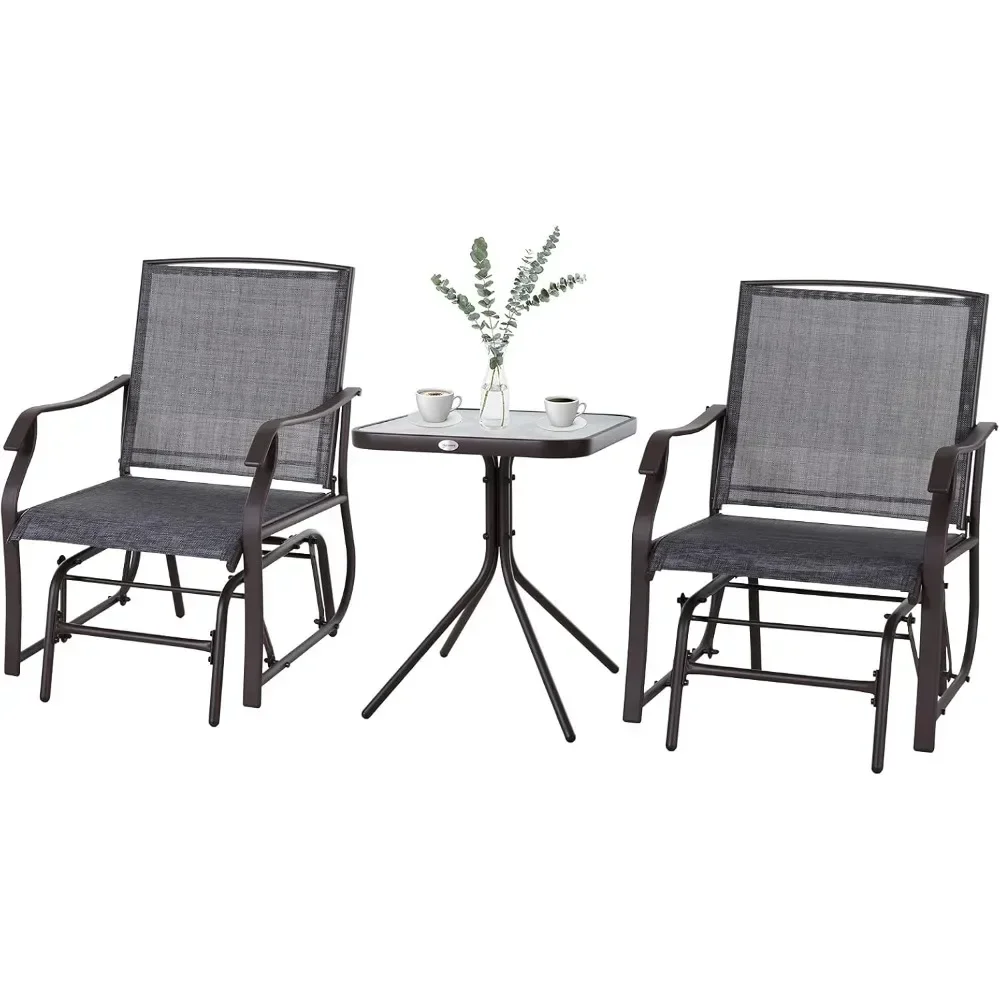 

Outdoor Glider Chair with Coffee Table Bistro Set, Rocking Swing Chairs with Breathable Sling Fabric, Glass Tabletop