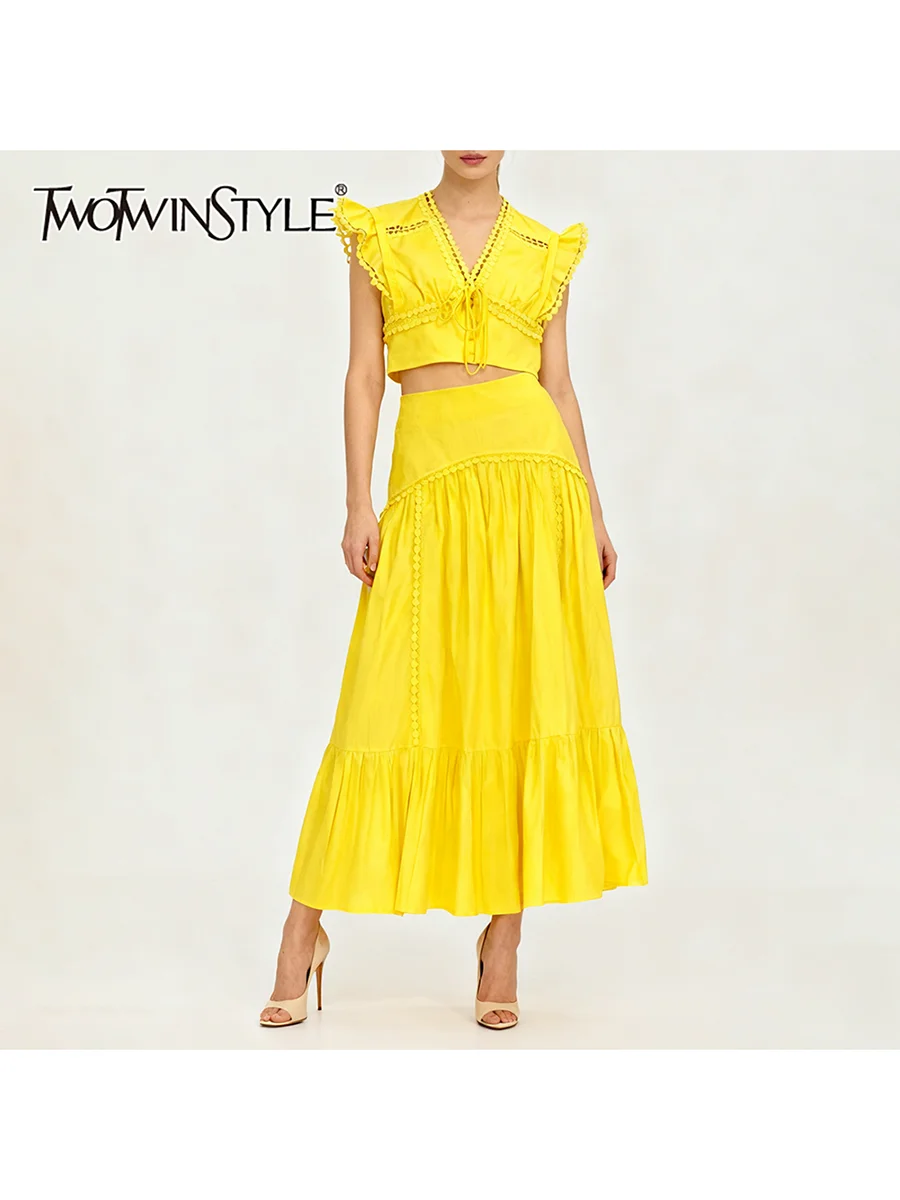 

TWOTWINSTYLE однотонные комплекты из двух предметов для женщин с v-образным вырезом без рукавов, на шнуровке, топ с высокой талией, лоскутная юбка со складками, женский комплект