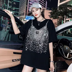 Summer new Fashion Sling pattern Hot diamonds short-sleeve Mid-length T-shirts women Casual black long tops female 40-150KG