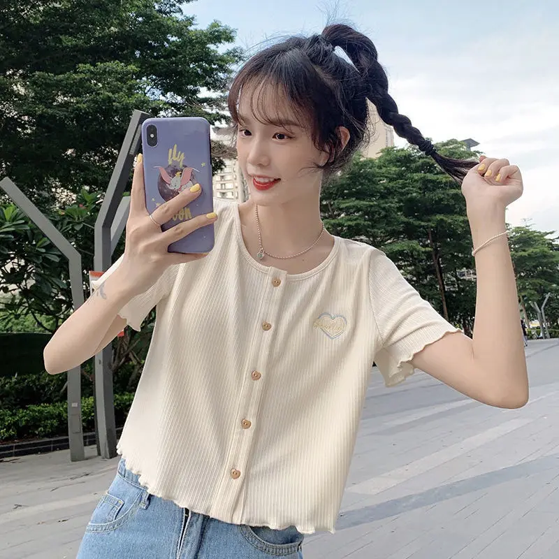 Women Summer Korean Slim Fashion Embroidered O-neck Short Sleeve All-match T-Shirt Women Clothes Casual Appear Thin Trend Tops