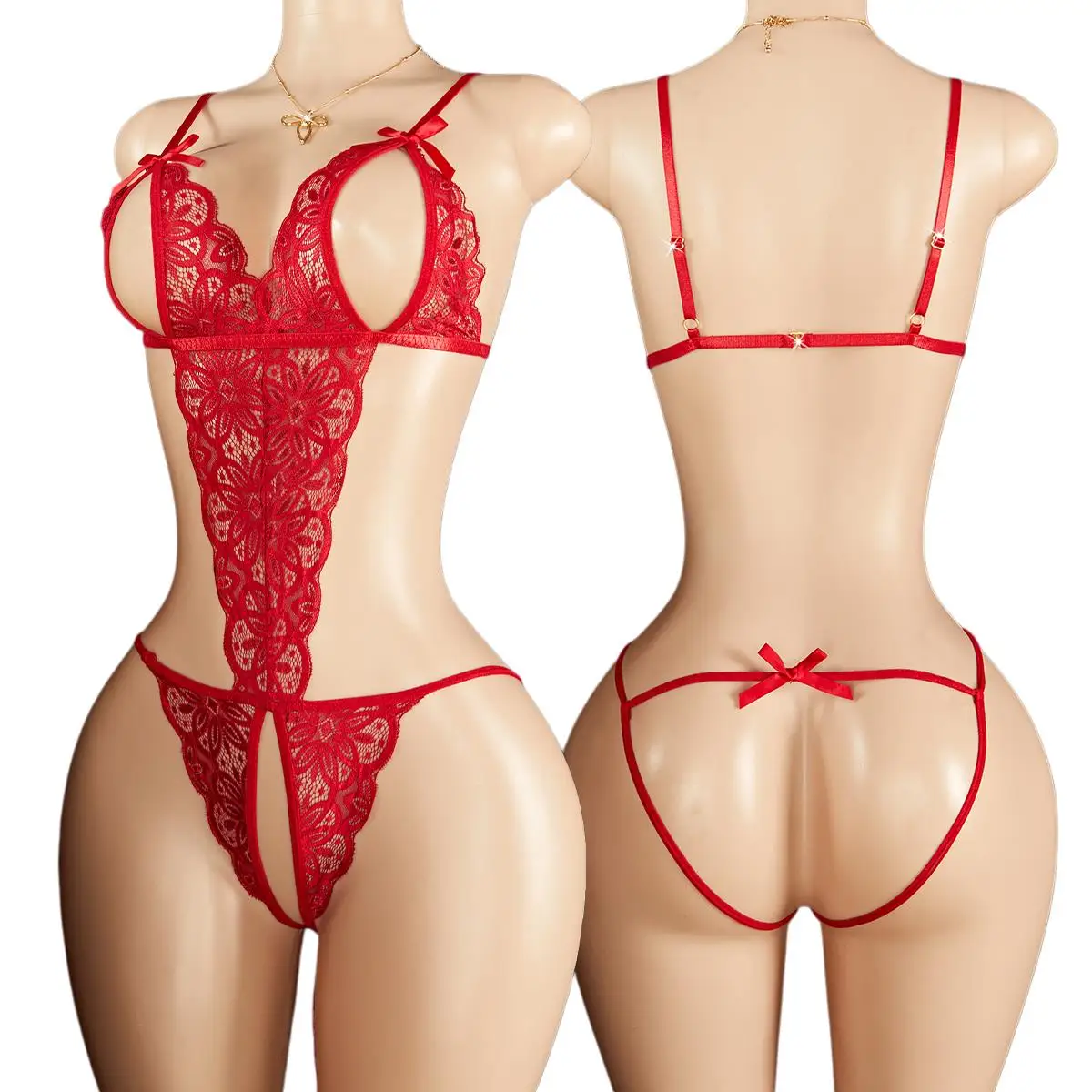 Body sensuale in pizzo a coppa aperta Lacci floreali trasparenti Lingerie sexy a piena trasparenza per serate romantiche Pigiama babydoll Teddy