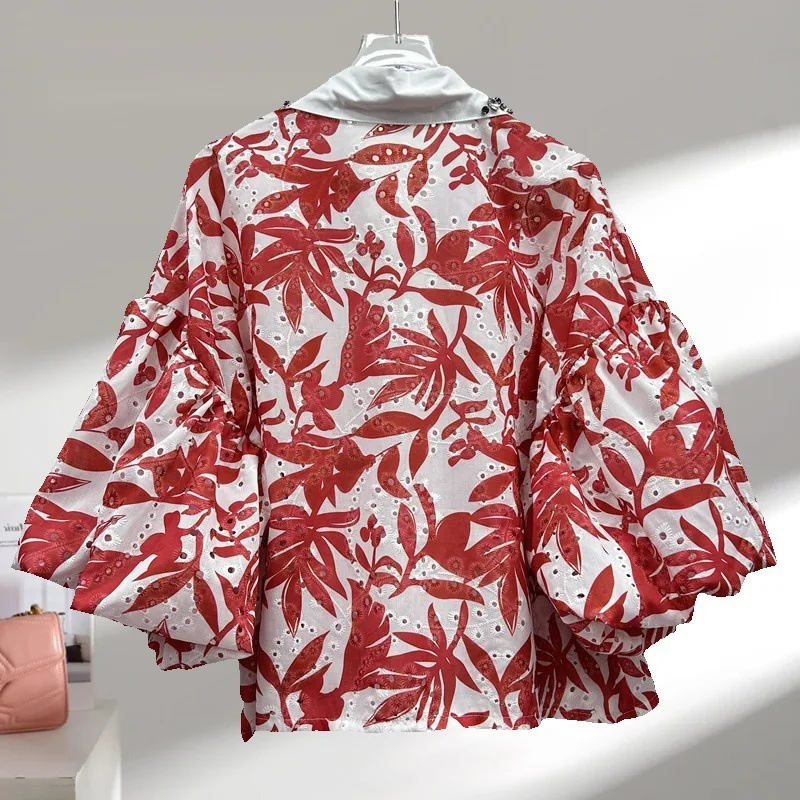 프렌치 스타일 패셔너블 디자인 헤비 엠벨리시드 다이아몬드 프린트 하이 웨이스트 셔츠 여성용 새로운 우아한 슬림 핏 다용도 탑