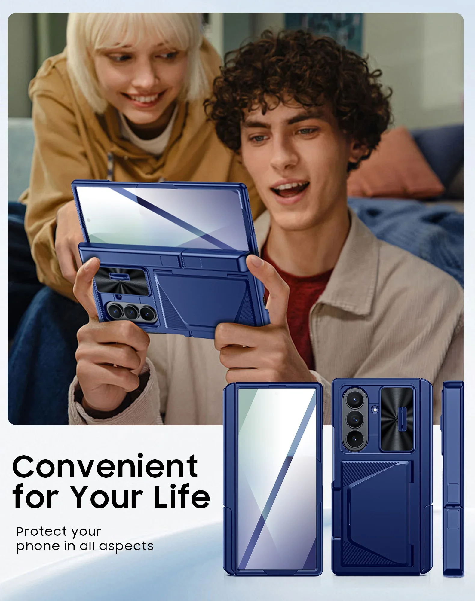 Regali di Halloween, porta carte RFID, staffa nascosta, cover per fotocamera, custodia antiurto per Samsung Galaxy Z Fold 7-Blue