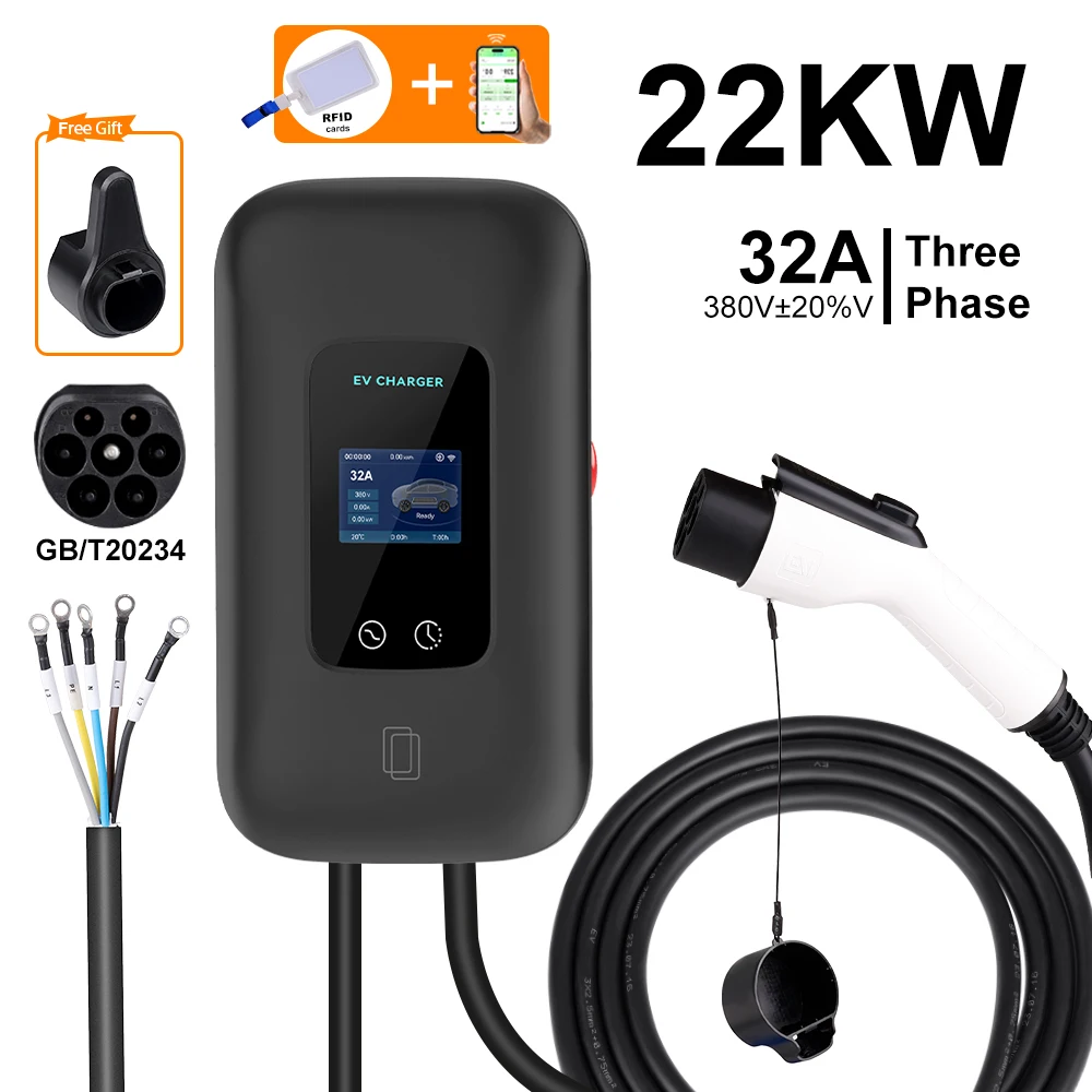 محطة شاحن EV GB/T20234 32A 7.6KW 22KW EVSE Wallbox شحن GBT 16A 11KW APP التحكم لسيارة مركبة كهربية