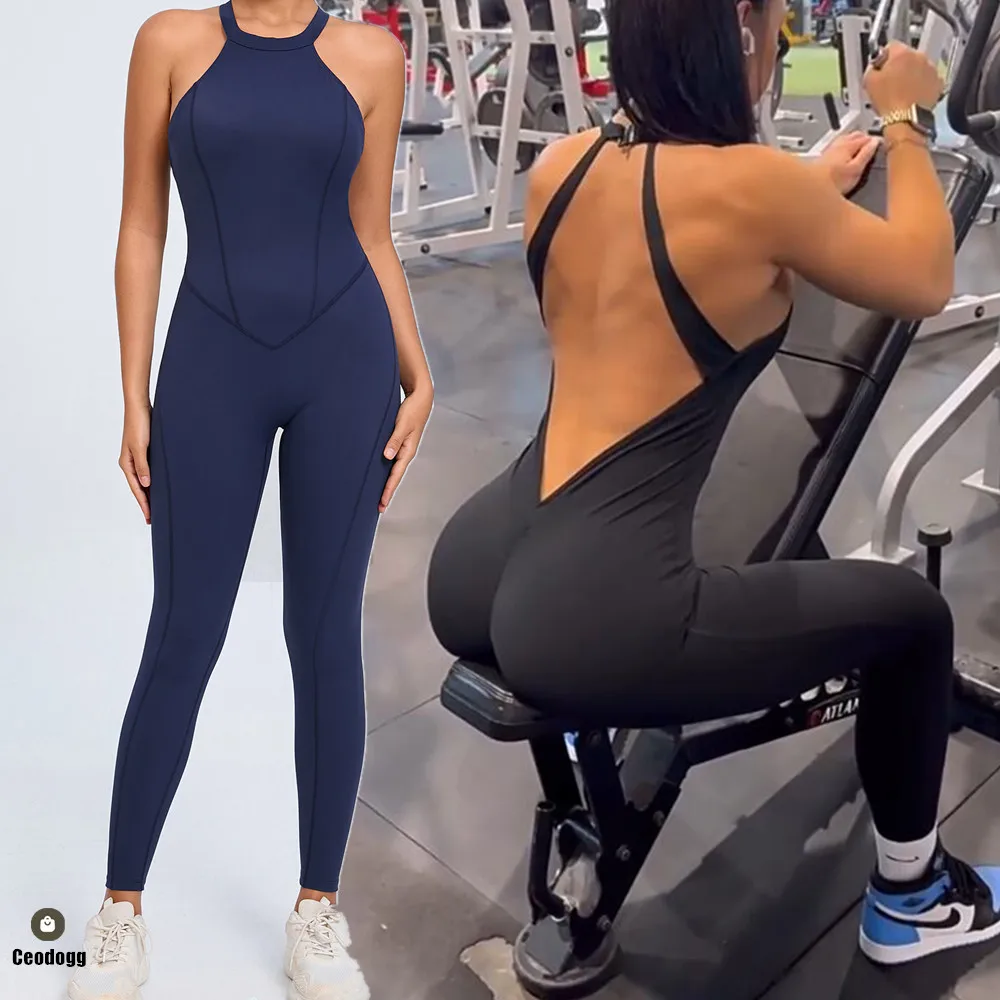 Pad Scrunch Backless Yoga Sport Jumpsuit Women Monkeys One Piece Gym Outfit Legging Fitness Overalls Workout Pant Clothing XP55
