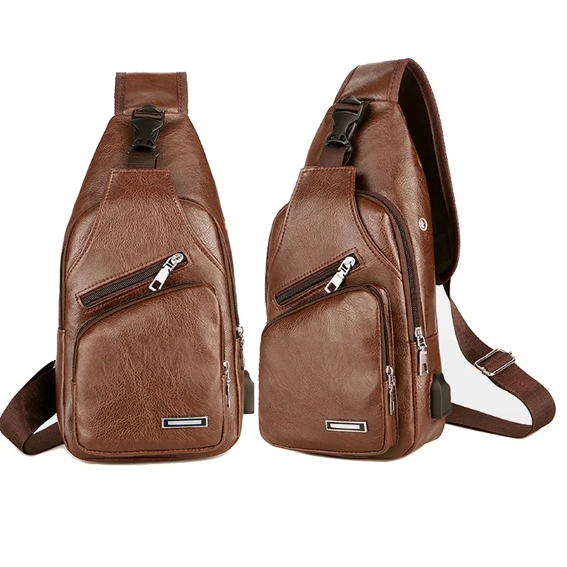 Men Chest Bag Diagonal Span Design High-capacity PU Leather One Shoulder Bags Outdoor Travel Male USB Charge Chest Crossbody Bag