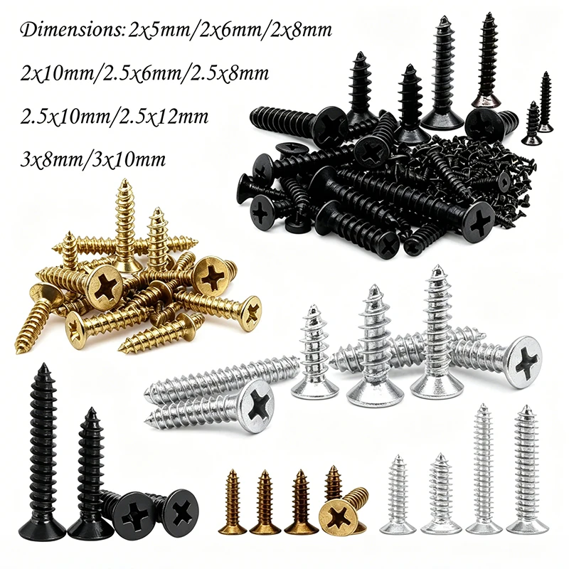 Small MicroFlat Head Cross Carbon Steel Self-Tapping Screw, Suitable For Home Improvement, DIY Engineering, Electronic Prod