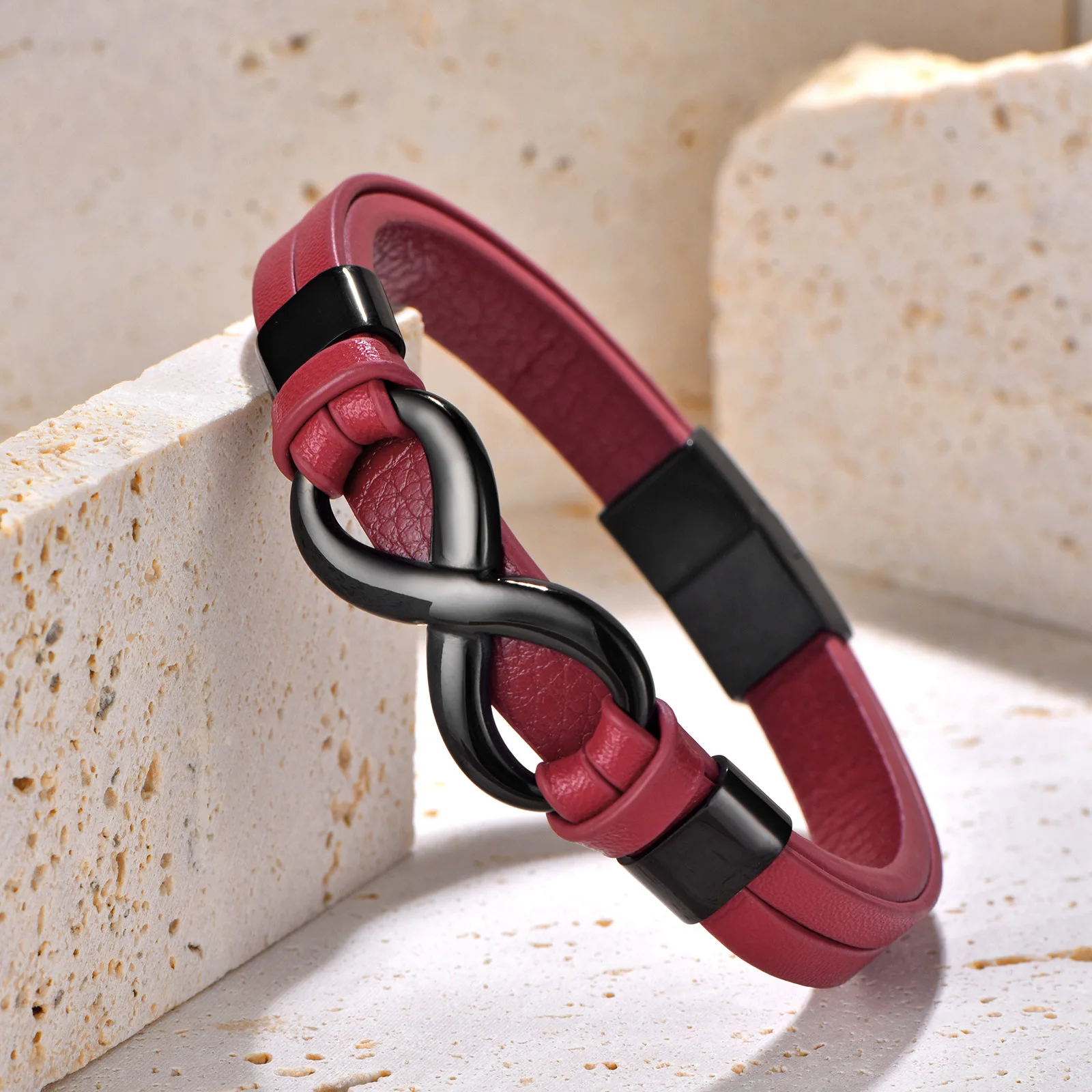 Doppelschichtige Leder 8-förmige Unendliche Symbol Armbänder Edelstahl Hip-Hop Männer Personalisierte Mode Armband Schmuck – Detail 5