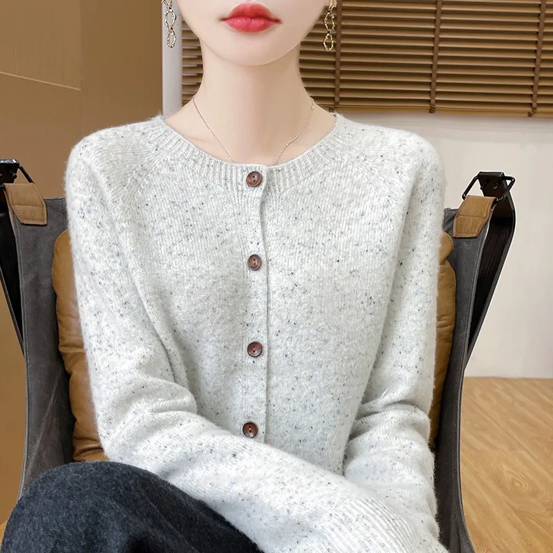 Fashion Temperament 100% Pure Wool Ladies Autumn And Winter New Round Neck Color Loose Cardigan Top B3083001