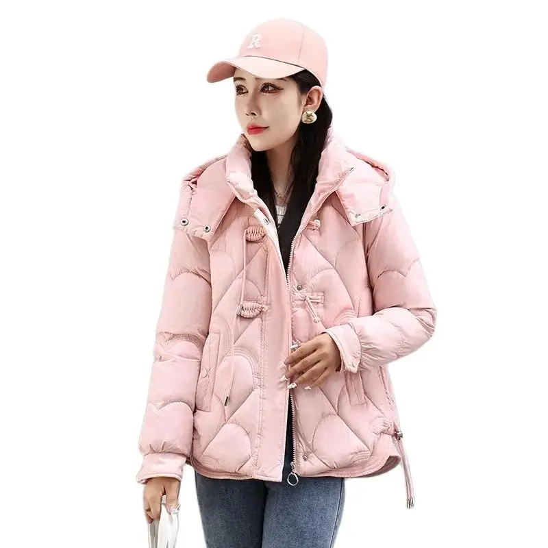 

New Winter Eiderdown Cotton-Padded Jacket Women's Pocket Zipper Coat Short Loose Joker Fashion Hooded Warm Casual Outcoat