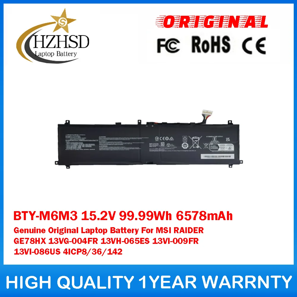 BTY-M6M3 15.2V 99.99Wh 6578mAh Genuine Original Laptop Battery For MSI RAIDER GE78HX 13VG 13VX 13VH 13VI 13VG-004FR 13VG-005FR
