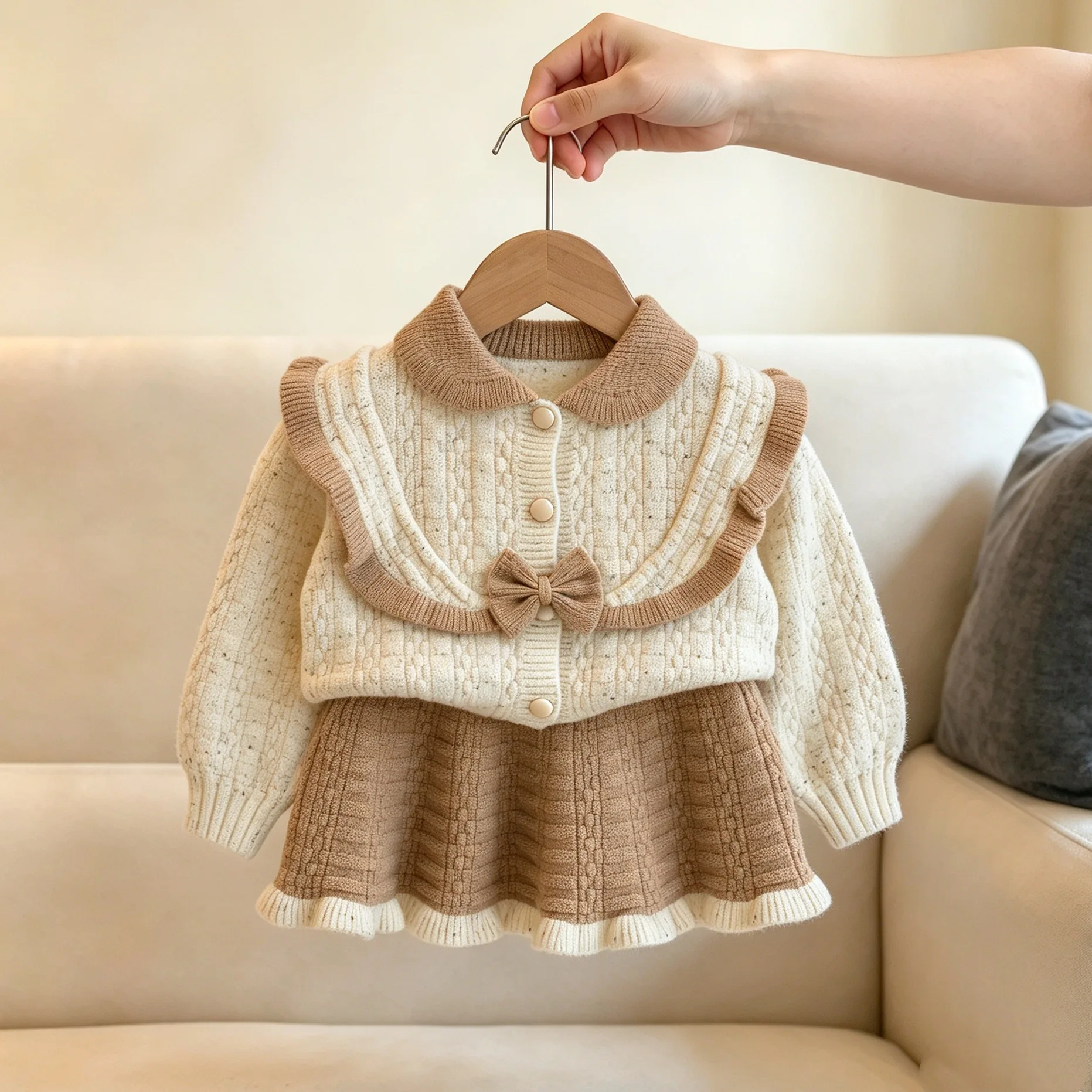 Bear Leader Autumn Winter Bow Knitted Sweater Children's Set Color Blocked Long Sleeved Cardigan+Short Skirt Sweet Girls Clothes