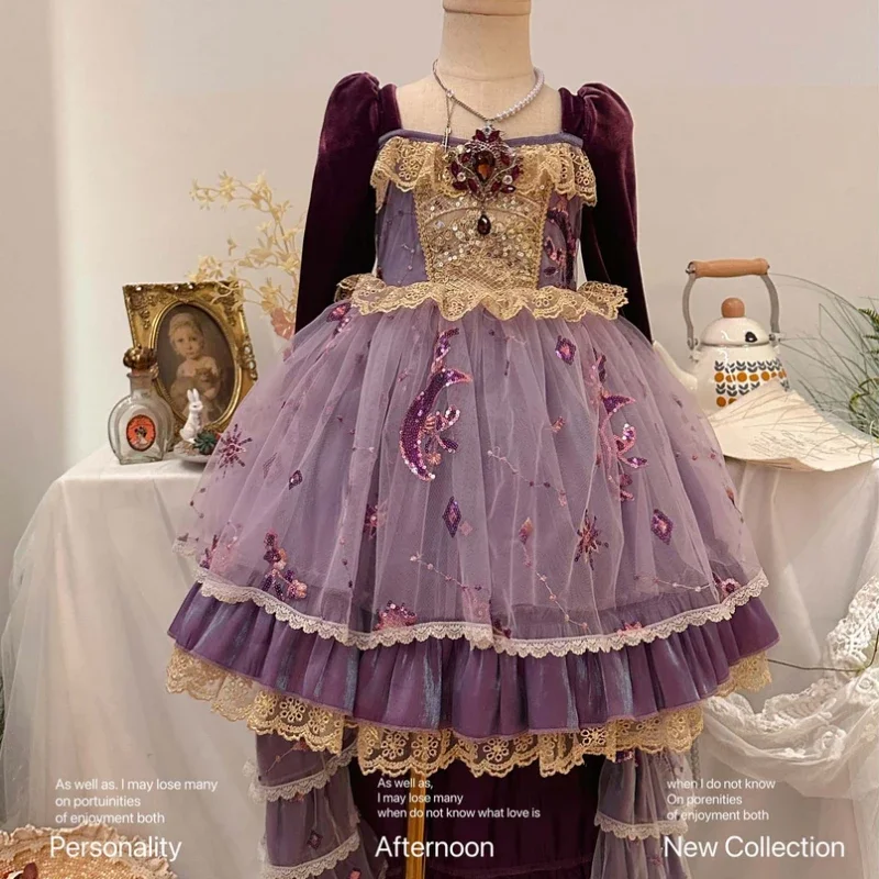 3-12years Handmade Girls Lolita Princess Flower Girls High Quality Birthday Dress Little Girl Thanksgiving Boutique Party Dress