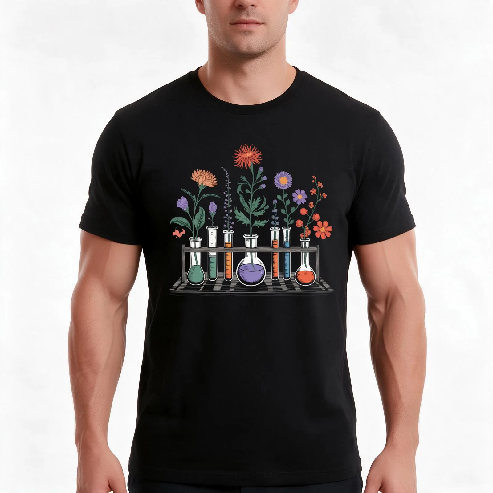 Cute Science beaker with flowers T-Shirt Summer Casual Cotton Tee Oversized Streetwear Tops Vintage Graphic Print