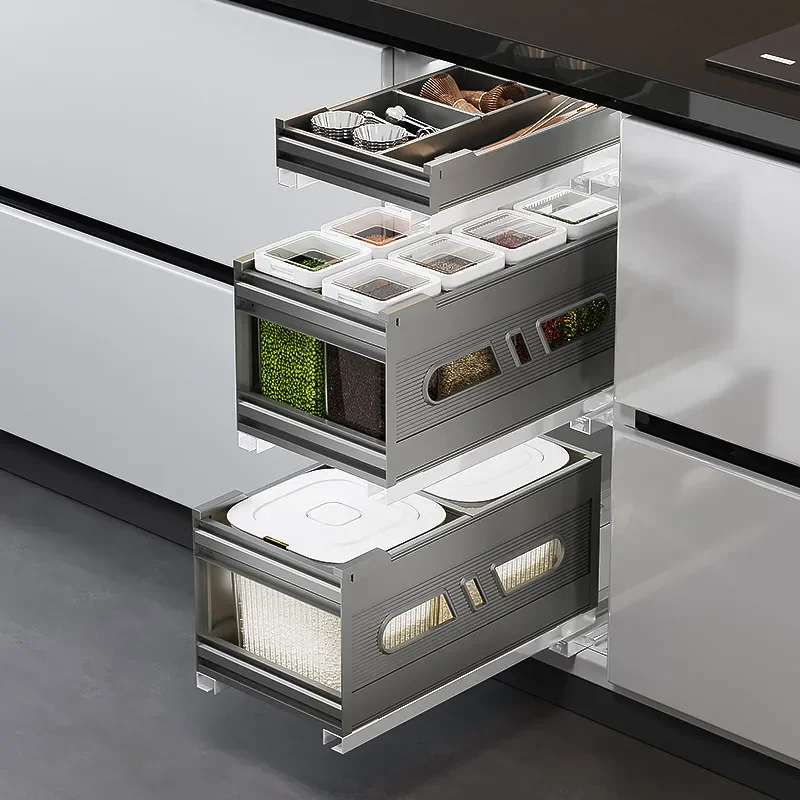 Aluminum Alloy Kitchen Cabinet Drawer Basket for Rice Noodles Grain Storage Seasoning Box Open Door Type Organizer Bin