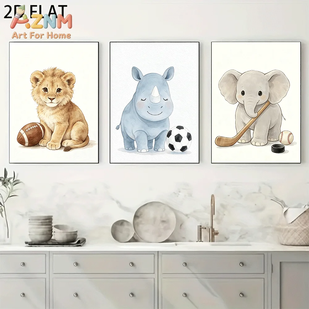 AZNM Frameless Canvas Wall Art, Watercolor Lion Rhino Elephant Sport Print, Cute Safari Animal Sports Themed Wall Decor for Livi