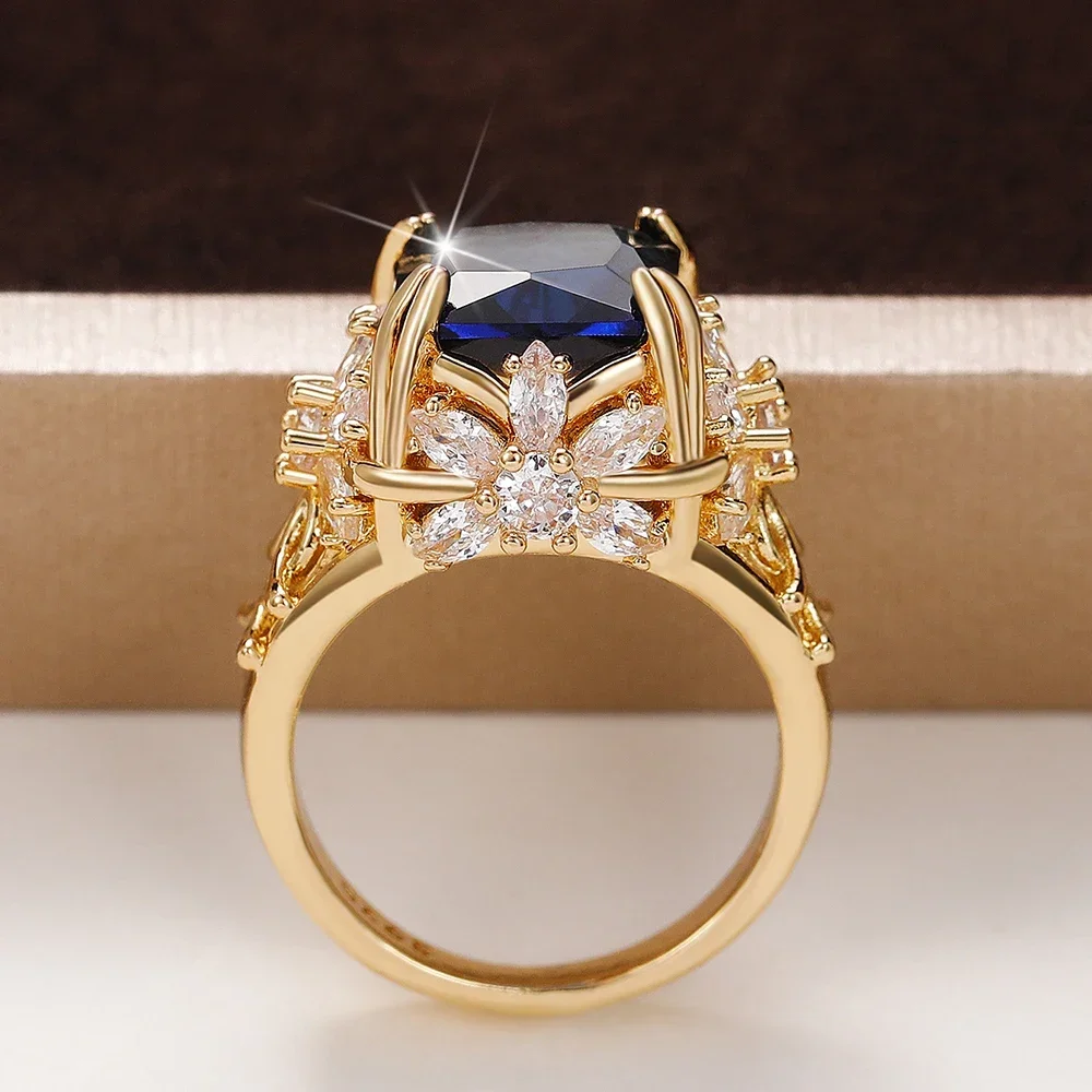 Huitan Gorgeous Dark Blue CZ Female Ring Dazzling Flower Design Aesthetic Women Accessories Anniversary Party New 2025 Jewelry