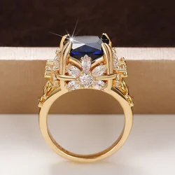 Huitan Gorgeous Dark Blue CZ Female Ring Dazzling Flower Design Aesthetic Women Accessories Anniversary Party New 2025 Jewelry
