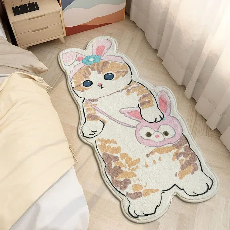 Girls Simple Cartoon Cute Cat Imitation Cashmere Carpet Living Room Bedroom Bed Blanket Children Home Absorbent Floor Mat