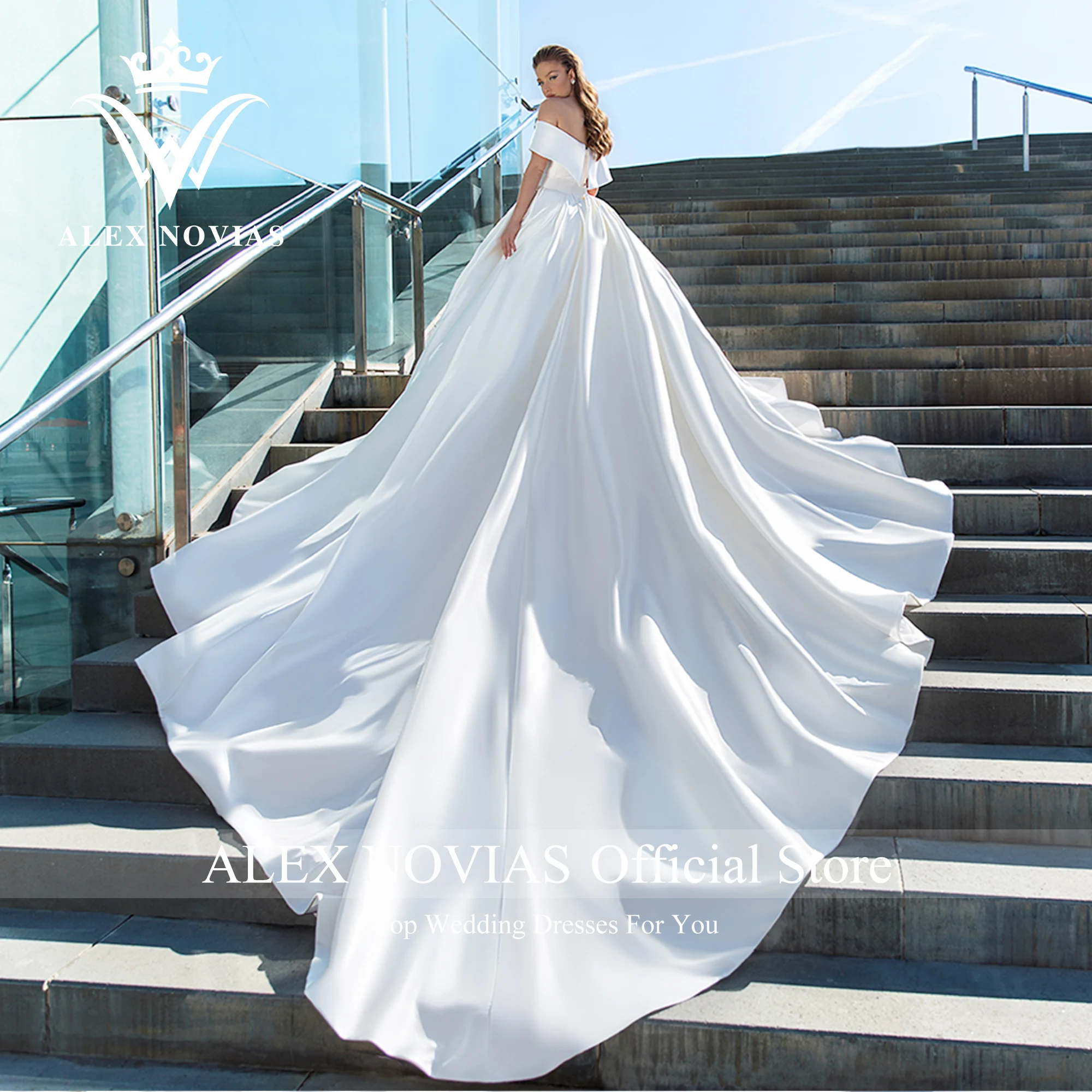 ALEX NOVIAS ชุดไปงานเต้นรำซาตินชุดแต่งงาน2023 Vintage Off Shoulder เรือคอ Cathedral รถไฟชุดเจ้าสาว Vestidos De Novia