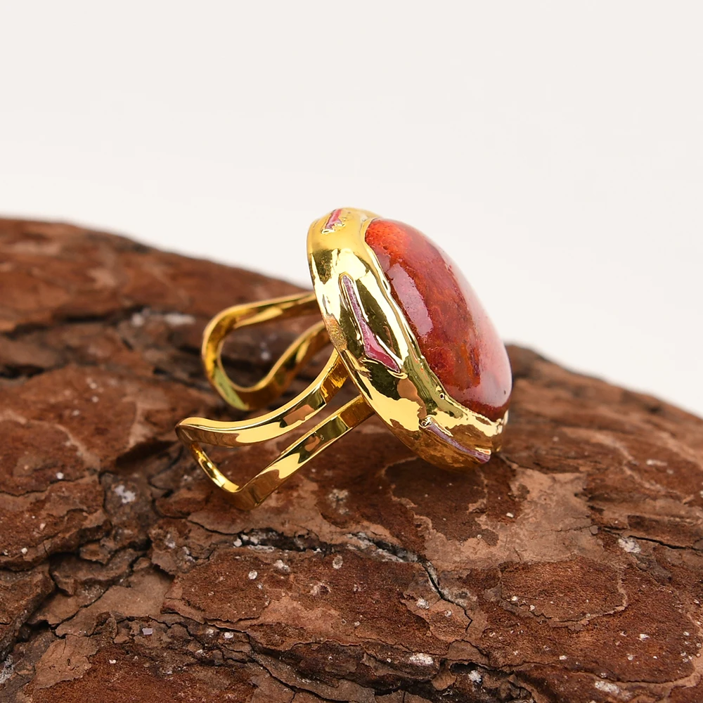 GG Big Natural Red Spong Coral Oval Shaped Gold Color Plated Rings Adjustable Gems vintage Ring Handmade For Women