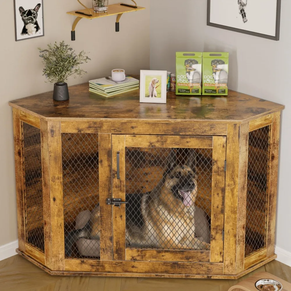 

52inch Corner Dog Crate Furniture,Wooden Dog Kennel Furniture with Mesh,Decorative Wood Dog House for Indoor use,