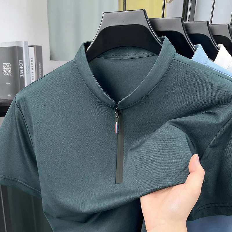 Men Half Zip Stand Collar Short Sleeve T Shirt Casual Business Ice Silk Breathable Summer Top