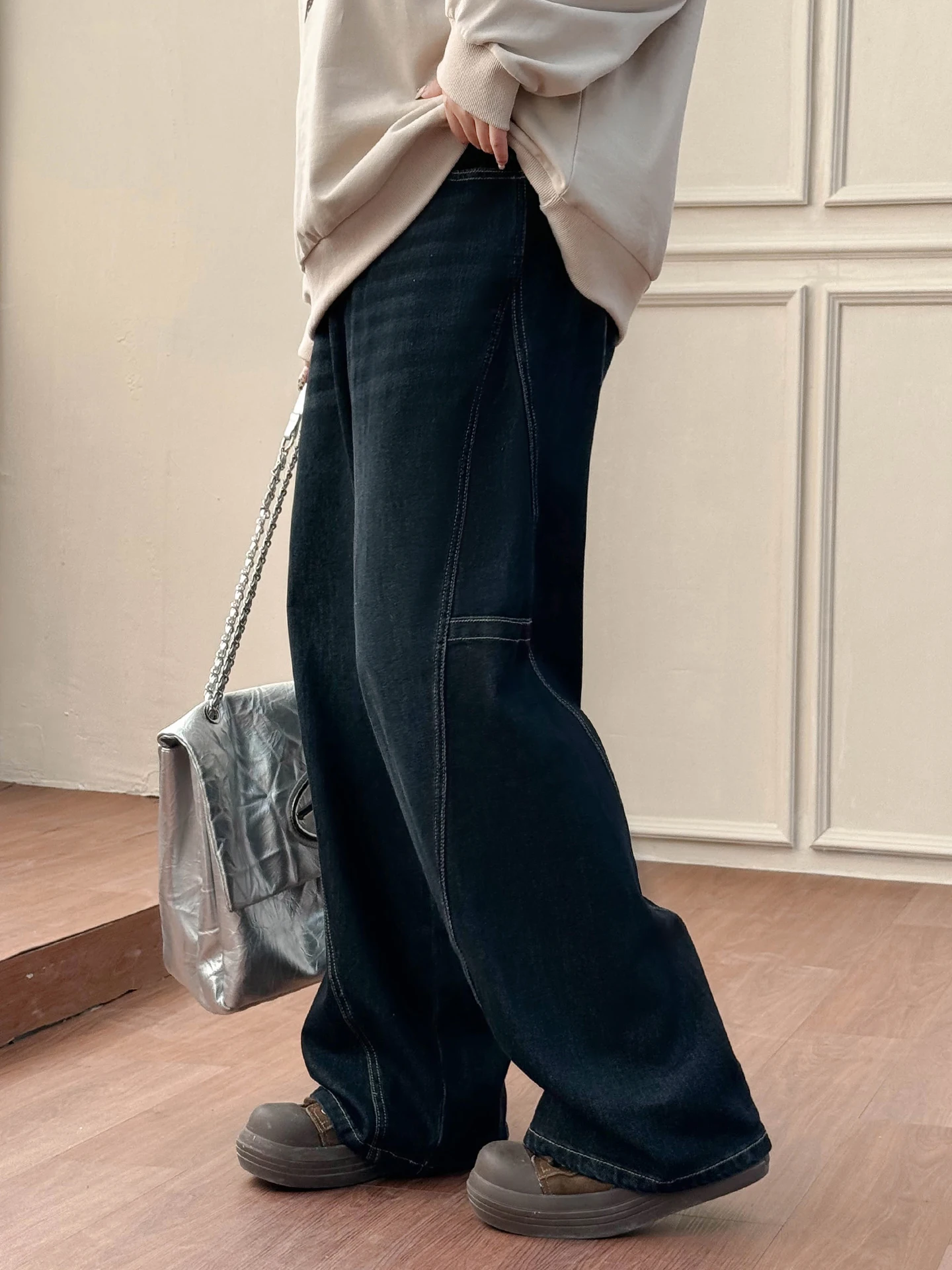 

High Waist Wide Leg Cool Casual Workwear Jeans Retro Stitching Design Spring Summer plus Size Women's Faion Pants