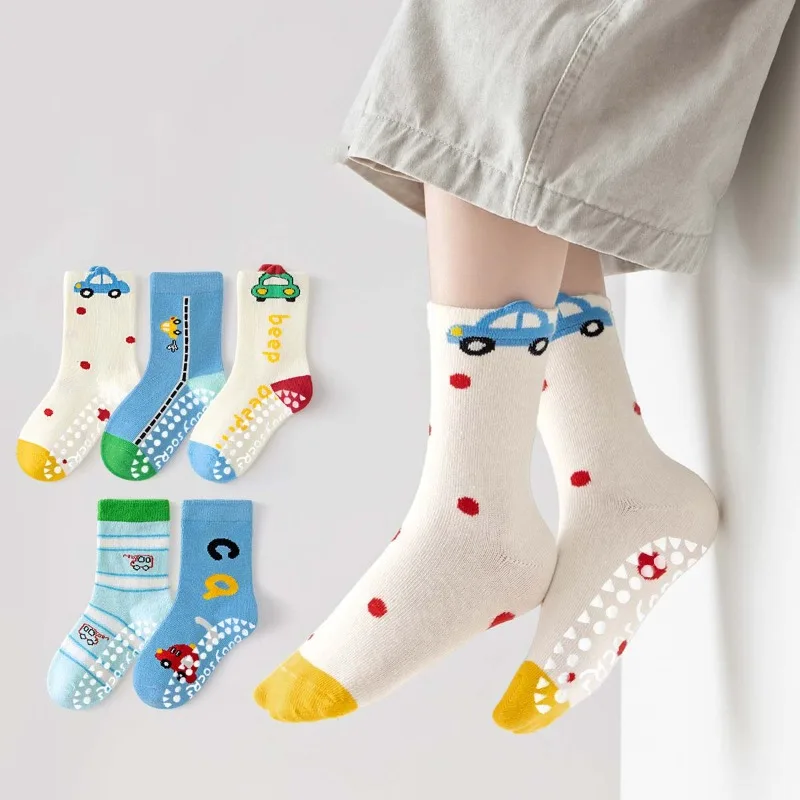 5pairs RAISE Autumn Children Boy Anti-slip Socks 1-12Y Boys Cartoon Mid Tube Floor Socks Colorful Boy Non-slipping Seamless Sock