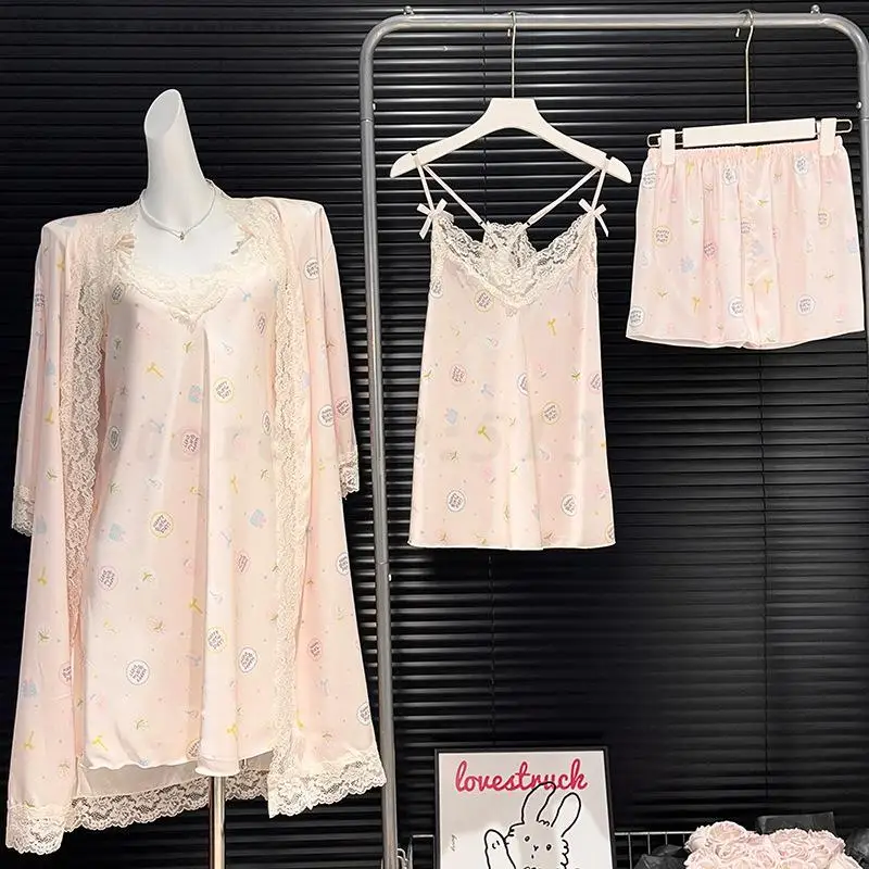 

Ice Silk Four Piece Set Sleepwear Printed Bathrobe Kimono Gown Satin Pajamas Suit Loose Casual Home Wear Summer Thin Loungewear