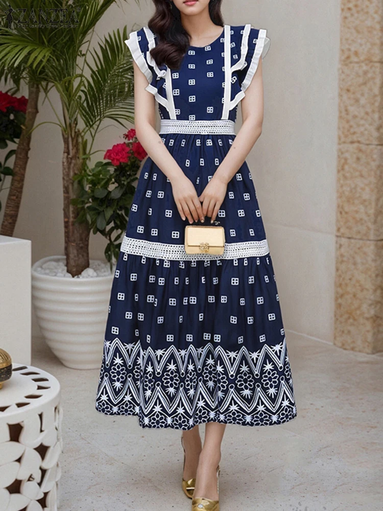 

ZANZEA, стильные платья с принтом, женское летнее платье 2025 года, элегантный повседневный вечерний рабочий сарафан, праздничный халат миди с короткими рукавами и рюшами