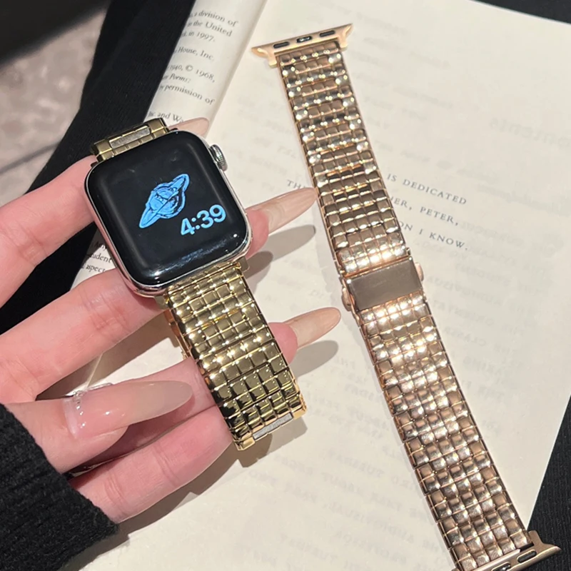 Pulseira de metal padrão quadrado para Apple Watch, Pulseira para iWatch Series 7, Correa 45mm, 41mm, 38mm, 40, 9, 8, 6, 5, SE, 4, Ultra2, 49 milímetros