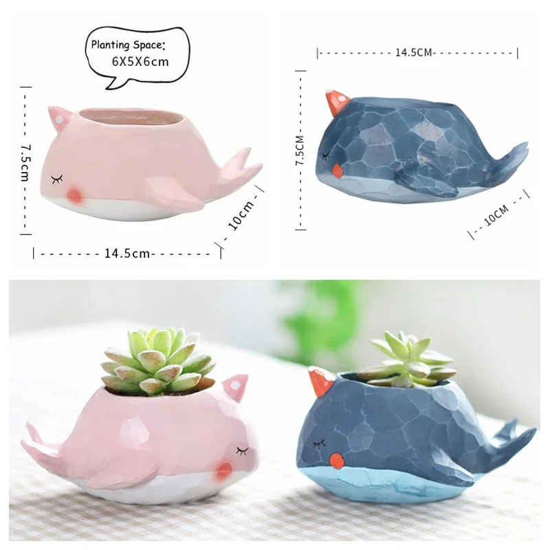 2pcs Blue & Pink Whales Planters for Succulents Cactus Air Plants Animals Flower Pots Fairy Garden Figurines Tabletop Home Decor