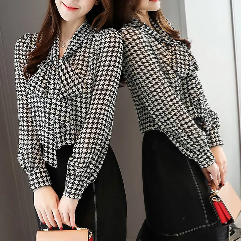 Women Elegant Houndstooth Print Bow Tie Button Up Shirt Autumn Fashion Korean Long Sleeve Office Ladies Blouses Tops Camisas 5XL