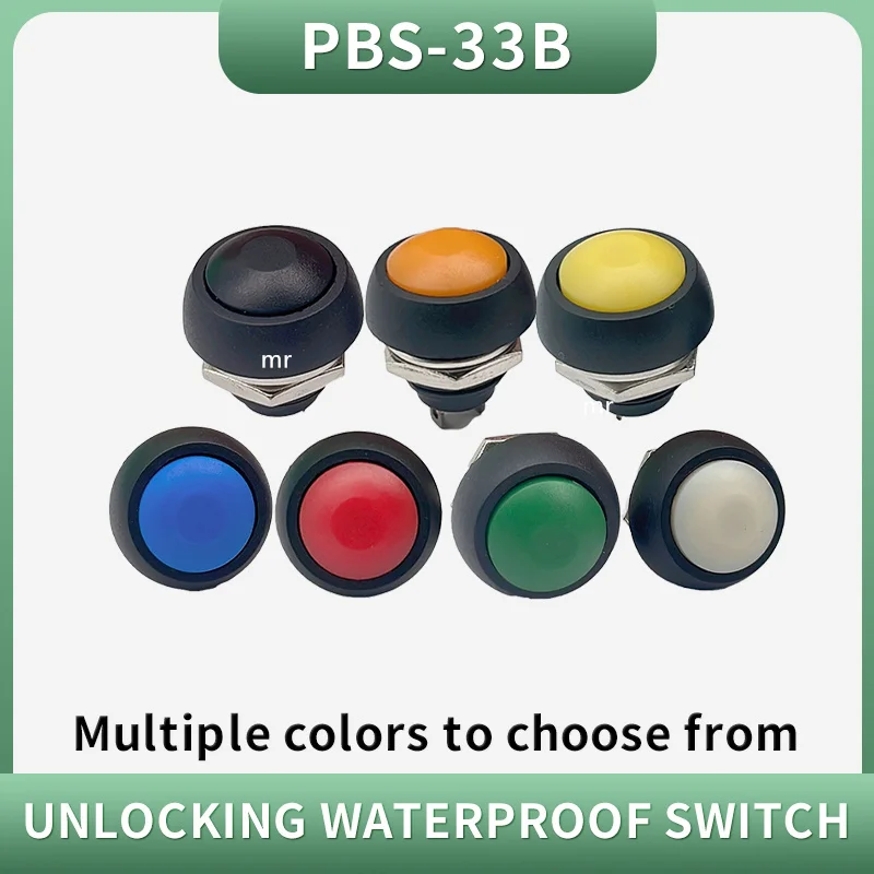 5Pcs PBS-33B 12mm Mini Switch 2Pin  1A Waterproof Momentary  button Switch Black Red Green Yellow White Blue