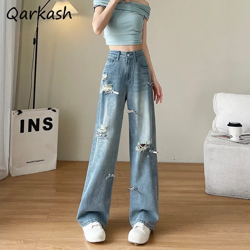 Bow Ripped Jeans Women Drapey Floor-length Casual New Washed High Waist Straight Wide-leg Fashion Sweet Girls Streetwear Chic