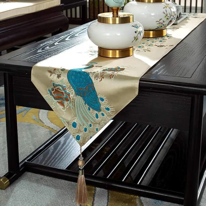 

New Chinese Style Home Decoration Peacock Blue Coffee Table Flag Runner Porch Shoe Cabinet Table Runner Smooth Soft Table Runner