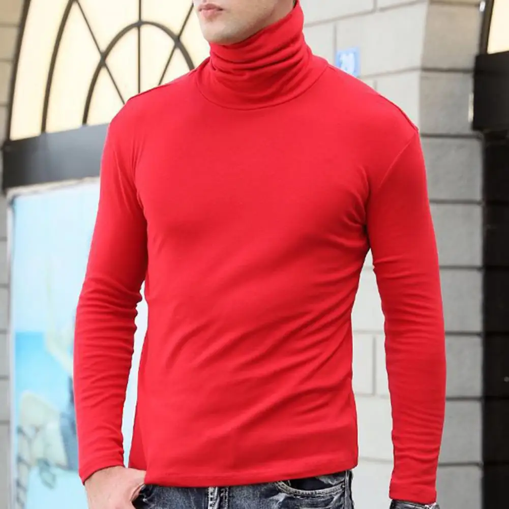 Korean Men Layering Top High Collar Sweater Long-sleeve Shirt Highly Stretchy Slim Solid Color Sports Pullover Top