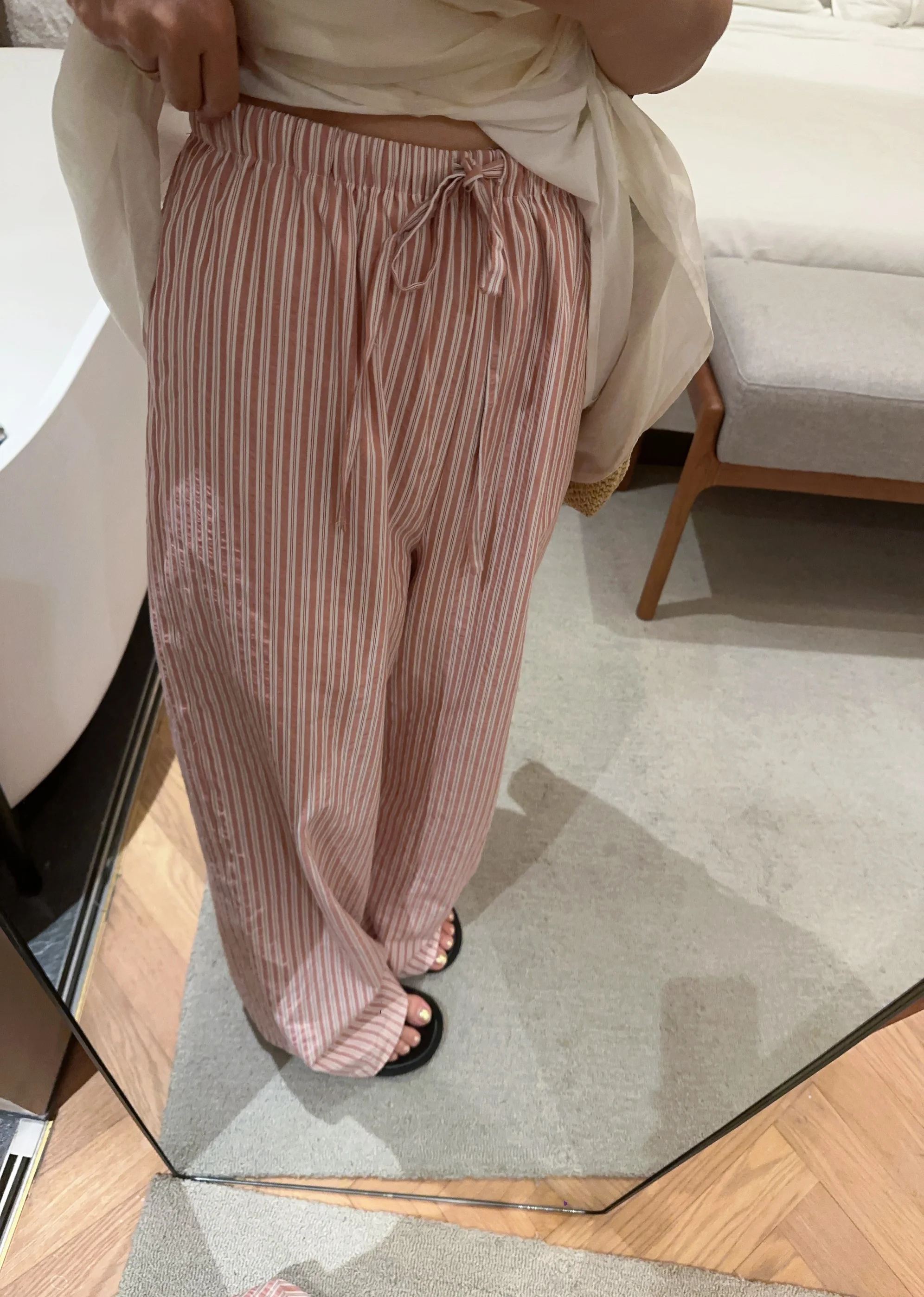 

Розовые полосатые брюки из чистого хлопка, свободные утягивающие корейские повседневные брюки с высокой талией, длинные прямые брюки, удобная посадка
